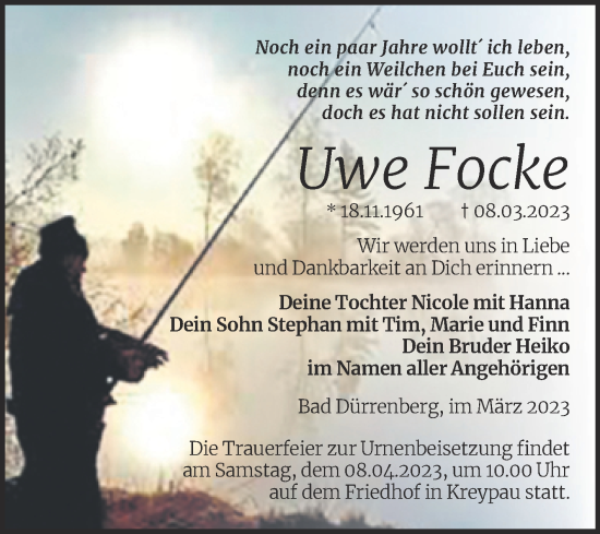Traueranzeige von Uwe Focke von Trauerkombi Merseburg