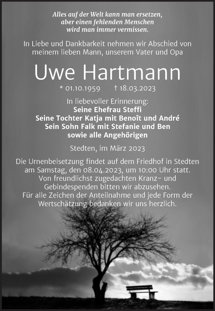  Traueranzeige für Uwe Hartmann vom 25.03.2023 aus Trauerkombi Mansfelder Land