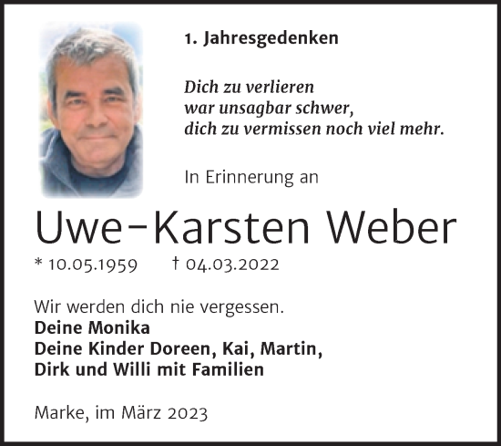 Traueranzeige von Uwe-Karsten Weber von Trauerkombi Bitterfeld
