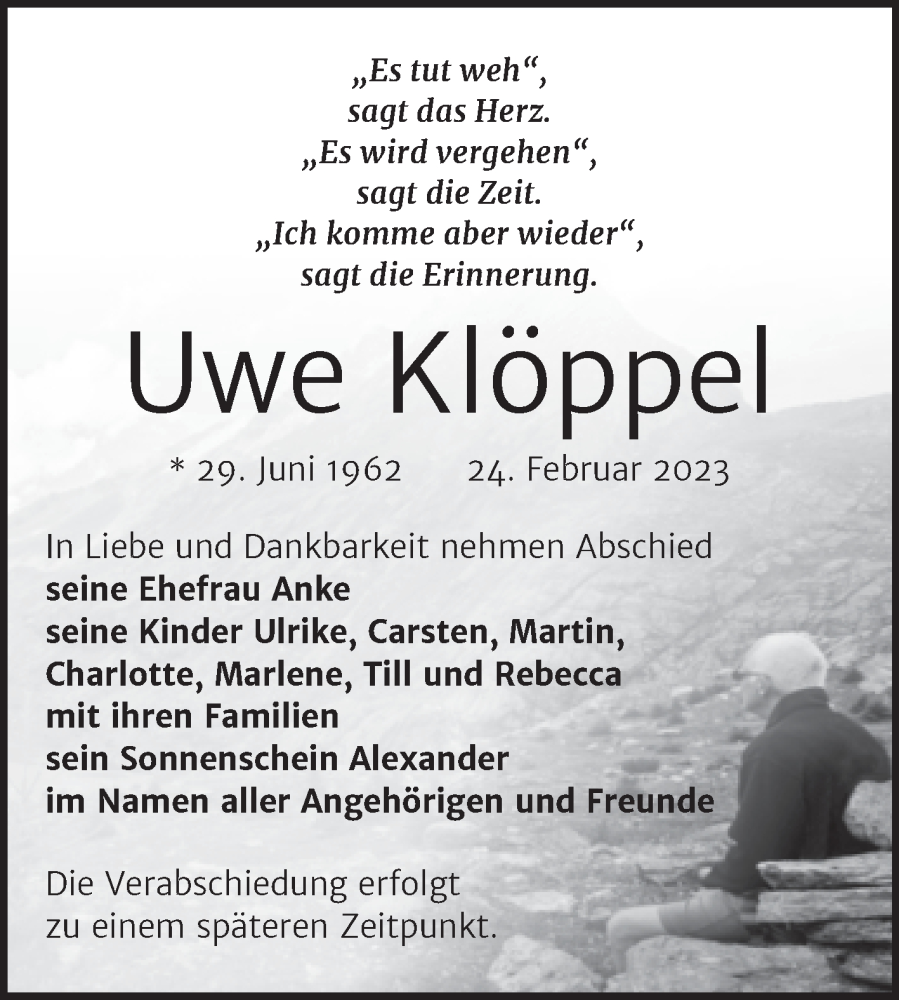  Traueranzeige für Uwe Klöppel vom 04.03.2023 aus Trauerkombi Merseburg