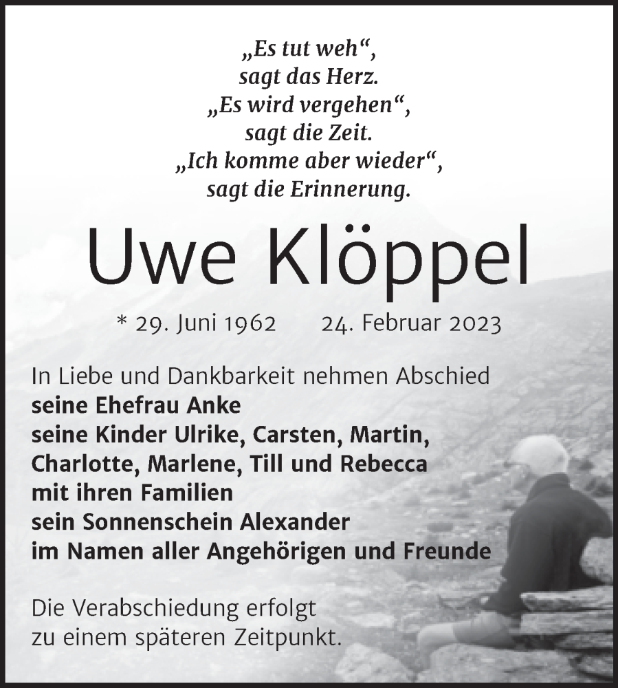  Traueranzeige für Uwe Klöppel vom 08.03.2023 aus Trauerkombi Merseburg