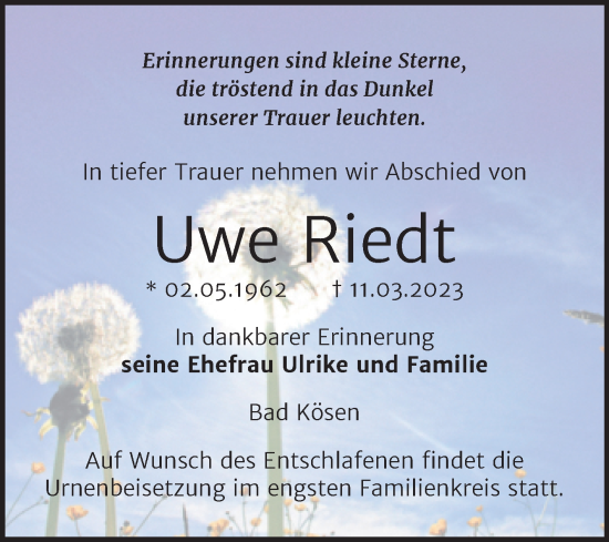 Traueranzeige von Uwe Riedt von Naumburger Tageblatt