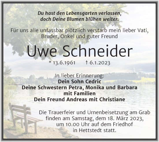 Traueranzeige von Uwe Schneider von Trauerkombi Mansfelder Land