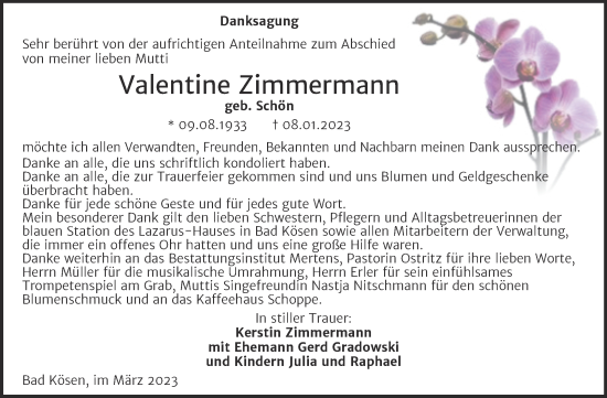 Traueranzeige von Valentine Zimmermann von Wochenspiegel Naumburg/Nebra