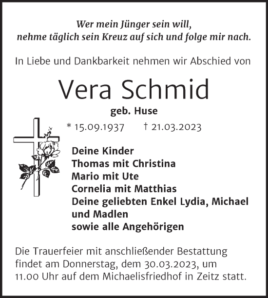 Traueranzeige von Vera Schmid von Trauerkombi Zeitz