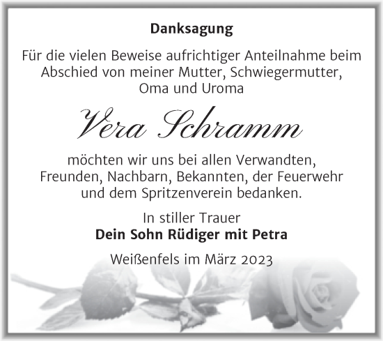 Traueranzeige von Vera Schramm von Trauerkombi Weißenfels