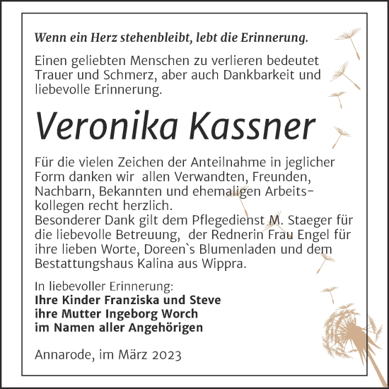 Traueranzeige von Veronika Kassner von Trauerkombi Mansfelder Land