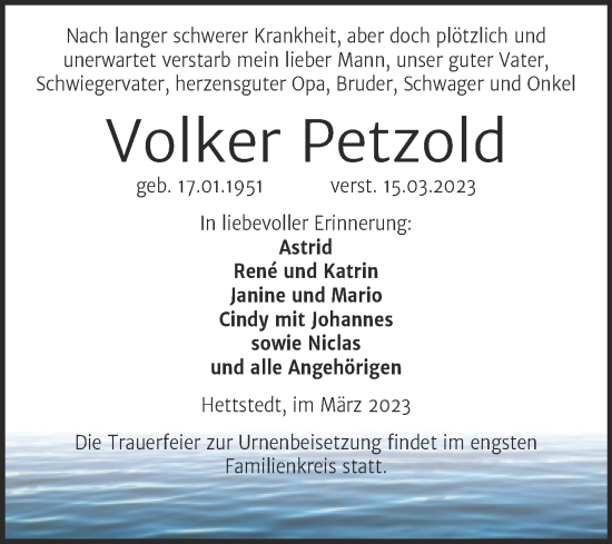 Traueranzeige von Volker Petzold von Trauerkombi Mansfelder Land
