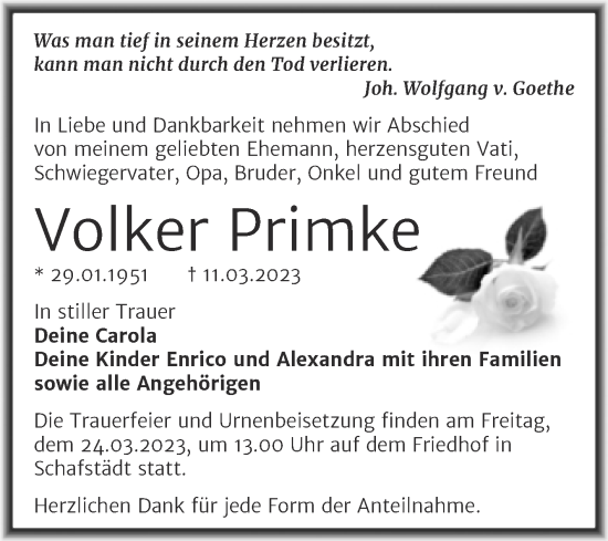 Traueranzeige von Volker Primke von Trauerkombi Merseburg