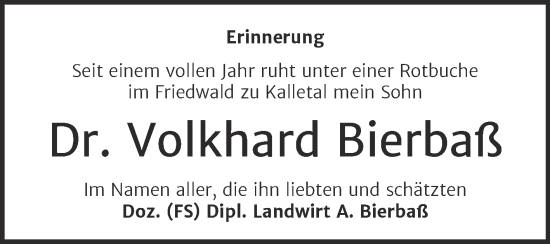 Traueranzeige von Volkhard Bierbaß von Trauerkombi Bernburg