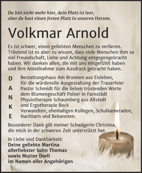 Traueranzeige von Volkmar Arnold von Trauerkombi Sangerhausen