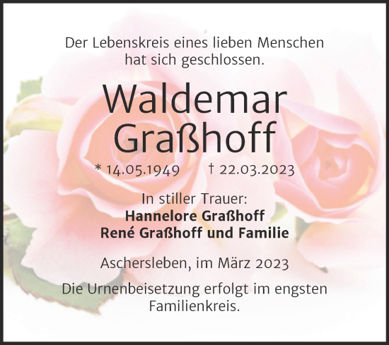 Traueranzeige von Waldemar Graßhoff von Trauerkombi Aschersleben