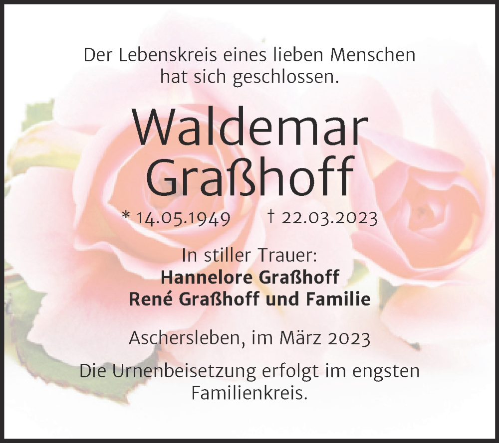  Traueranzeige für Waldemar Graßhoff vom 31.03.2023 aus Trauerkombi Aschersleben