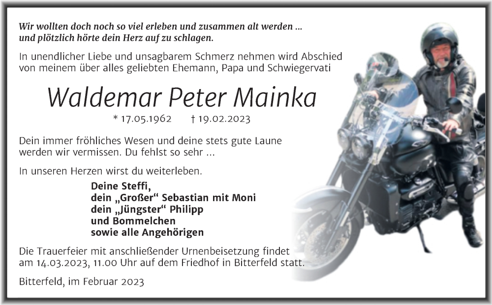  Traueranzeige für Waldemar Peter Mainka vom 04.03.2023 aus Trauerkombi Bitterfeld