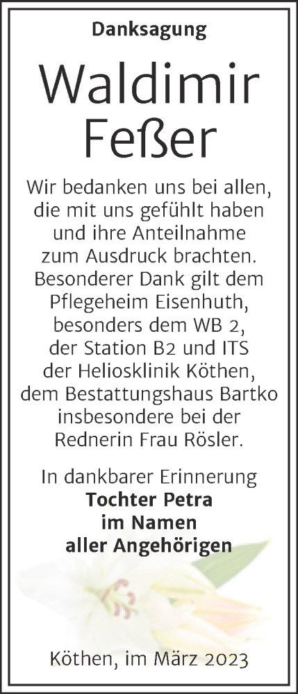 Traueranzeige von Waldimir Feßer von Trauerkombi Köthen