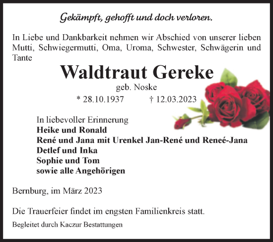Traueranzeige von Waldtraut Gereke von Mitteldeutsche Zeitung Bernburg