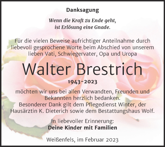Traueranzeige von Walter Brestrich von Trauerkombi Weißenfels