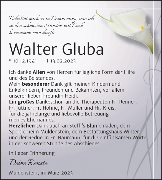 Traueranzeige von Walter Gluba von Trauerkombi Bitterfeld