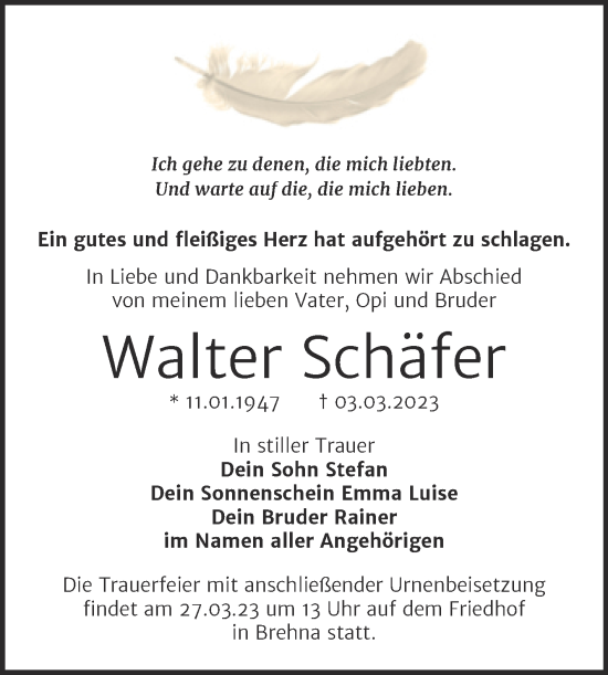 Traueranzeige von Walter Schäfer von Trauerkombi Bitterfeld
