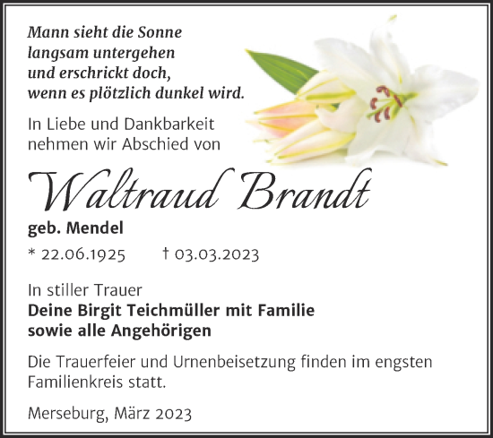 Traueranzeige von Waltraud Brandt von Trauerkombi Merseburg