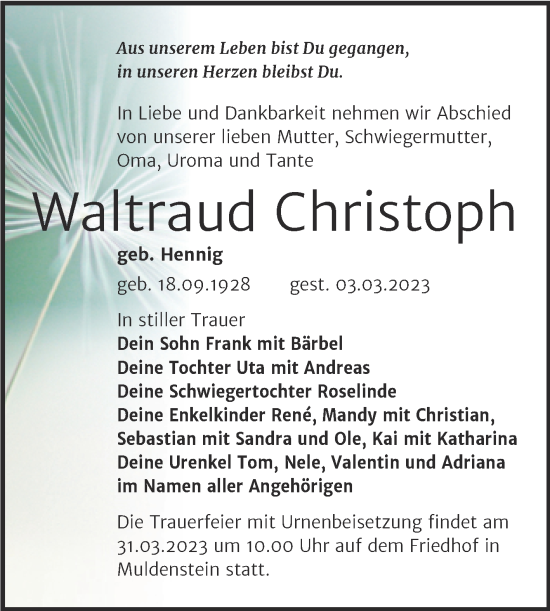 Traueranzeige von Waltraud Christoph von Trauerkombi Bitterfeld