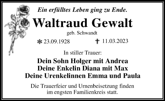 Traueranzeige von Waltraud Gewalt von Trauerkombi Dessau