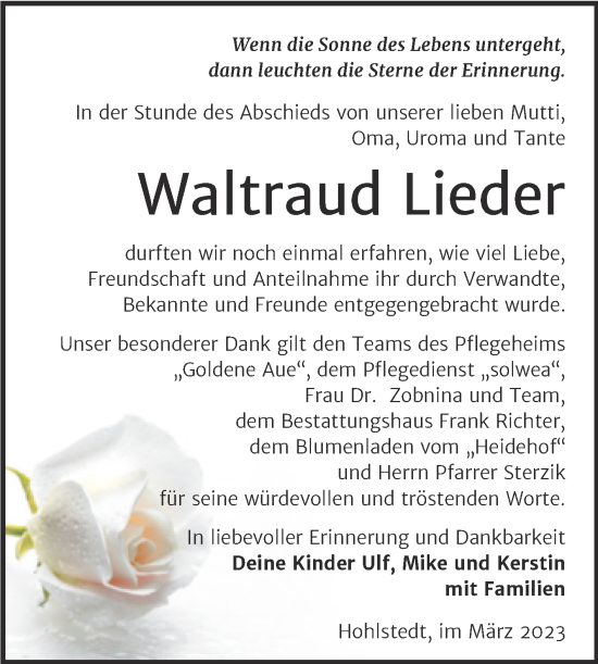 Traueranzeige von Waltraud Lieder von Trauerkombi Sangerhausen