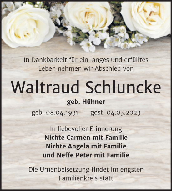 Traueranzeige von Waltraud Schluncke von Trauerkombi Wittenberg