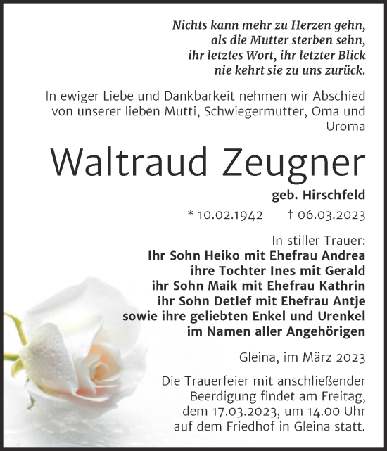 Traueranzeige von Waltraud Zeugner von Wochenspiegel Naumburg/Nebra