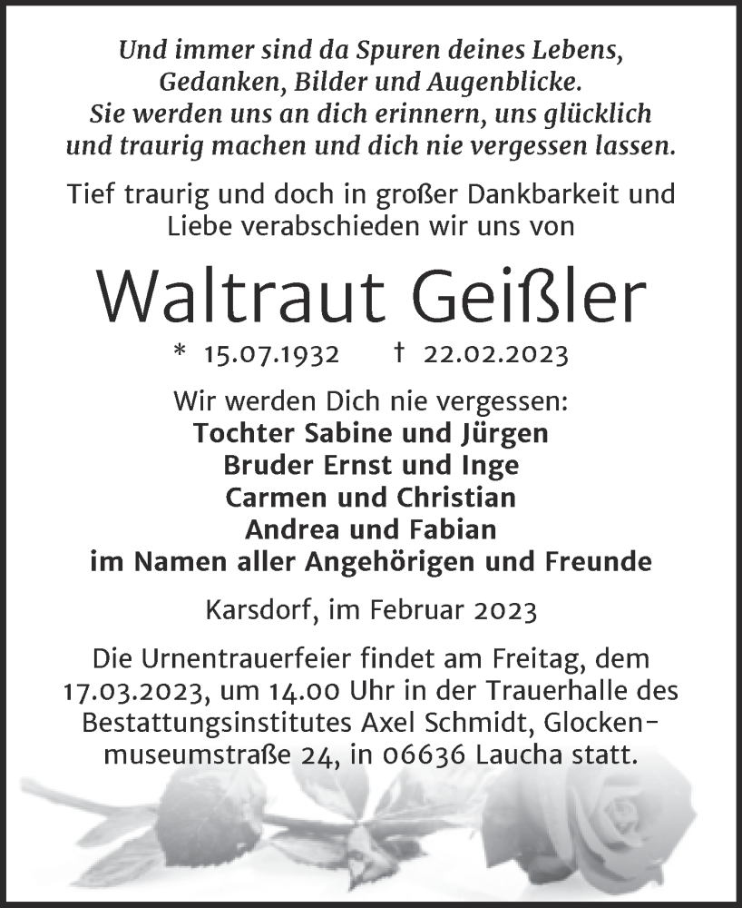  Traueranzeige für Waltraut Geißler vom 01.03.2023 aus Wochenspiegel Naumburg/Nebra