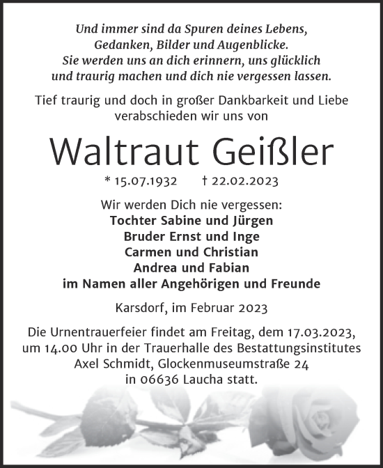 Traueranzeige von Waltraut Geißler von Trauerkombi Merseburg