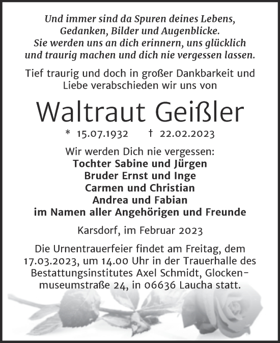 Traueranzeige von Waltraut Geißler von Wochenspiegel Naumburg/Nebra
