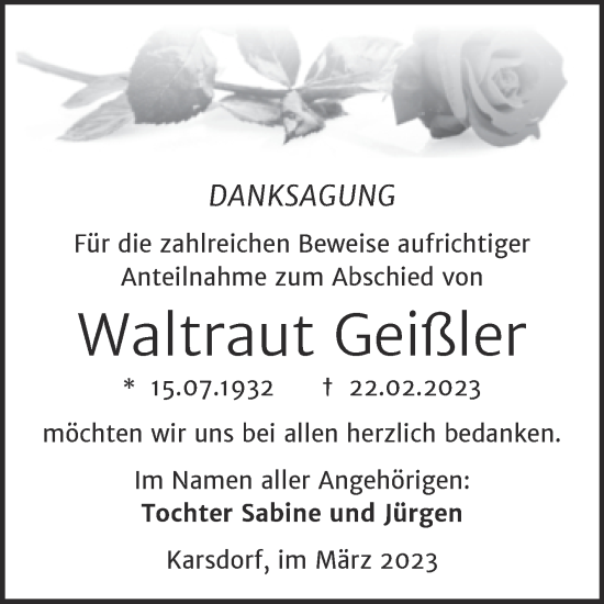 Traueranzeige von Waltraut Geißler von Wochenspiegel Naumburg/Nebra