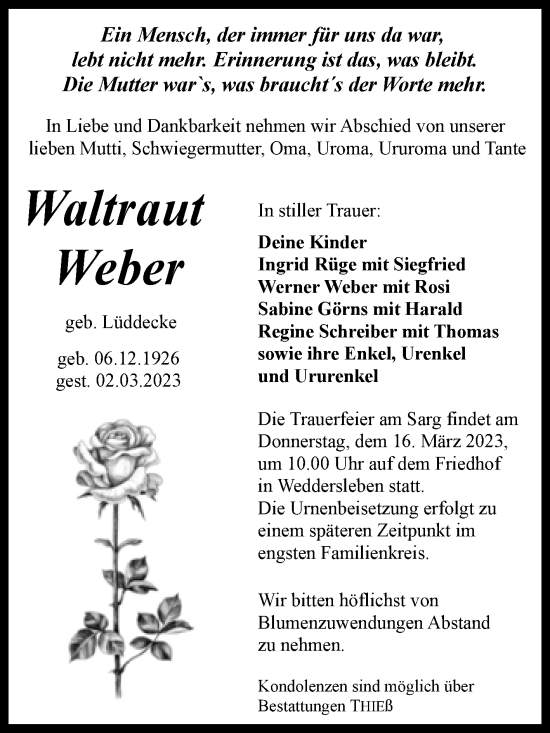 Traueranzeige von Waltraut Weber von Trauerkombi Quedlinburg