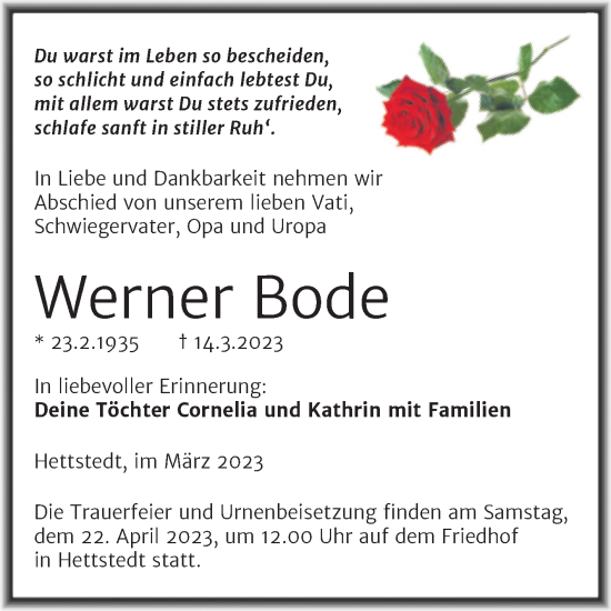 Traueranzeige von Werner Bode von Trauerkombi Mansfelder Land