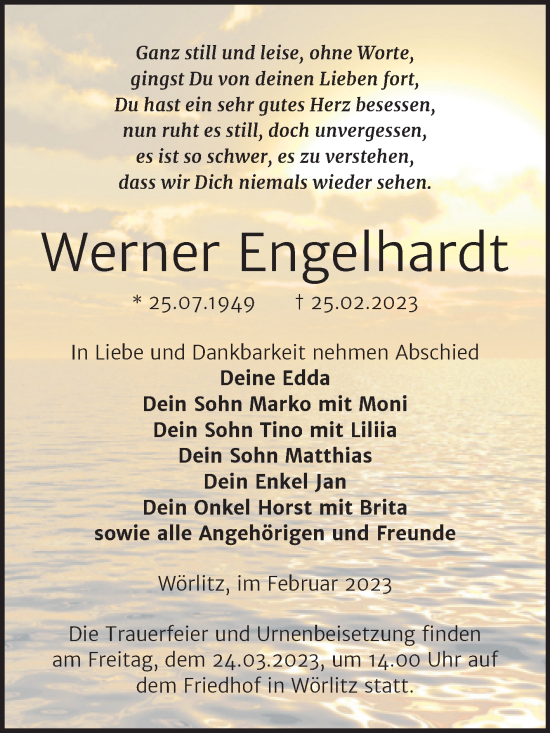 Traueranzeige von Werner Engelhardt von Trauerkombi Wittenberg