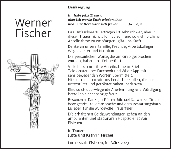 Traueranzeige von Werner Fischer von Trauerkombi Mansfelder Land