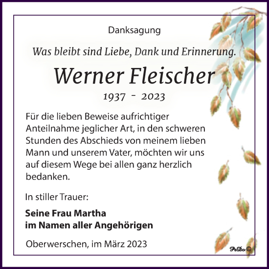 Traueranzeige von Werner Fleischer von Trauerkombi Weißenfels