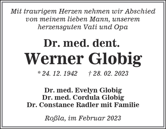 Traueranzeige von Werner Globig von Trauerkombi Sangerhausen