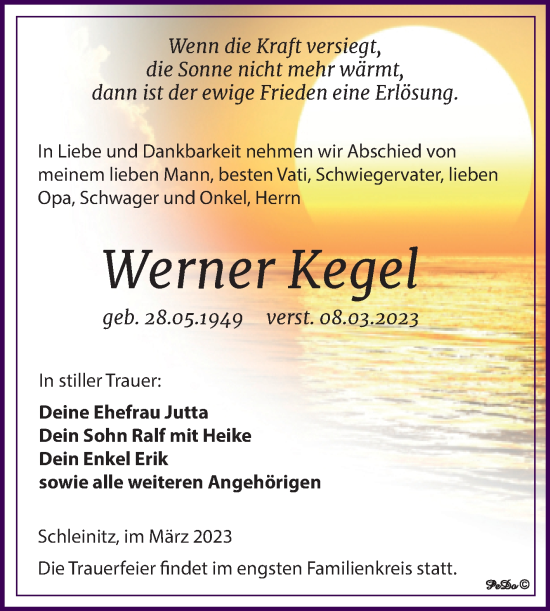 Traueranzeige von Werner Kegel von Trauerkombi Zeitz