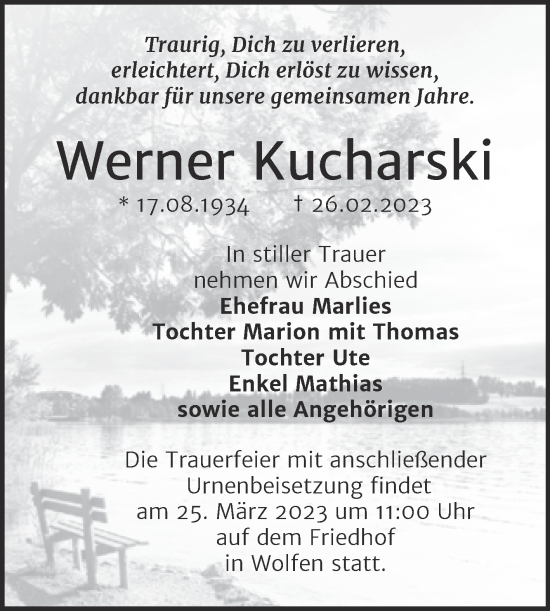 Traueranzeige von Werner Kucharski von Trauerkombi Bitterfeld