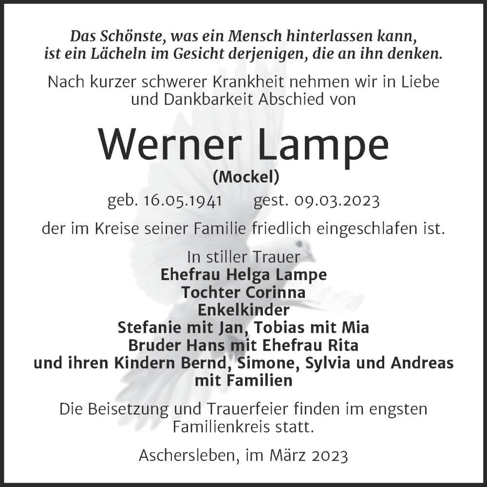  Traueranzeige für Werner Lampe vom 18.03.2023 aus Trauerkombi Aschersleben