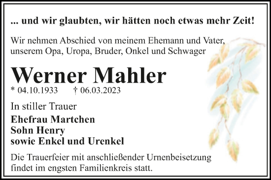 Traueranzeige von Werner Mahler von Trauerkombi Dessau