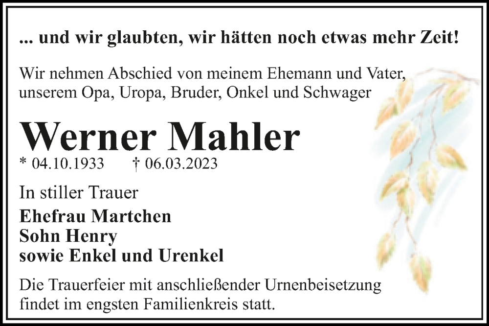  Traueranzeige für Werner Mahler vom 25.03.2023 aus Trauerkombi Dessau