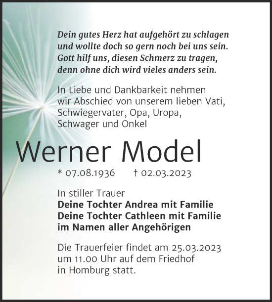 Traueranzeige von Werner Model von Trauerkombi Mansfelder Land