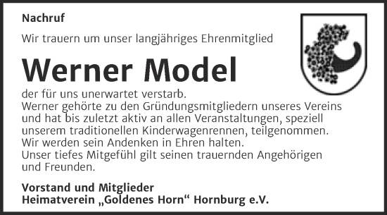 Traueranzeige von Werner Model von Mitteldeutsche Zeitung Mansfelder Land