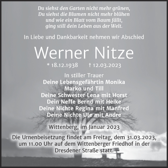 Traueranzeige von Werner Nitze von Trauerkombi Wittenberg