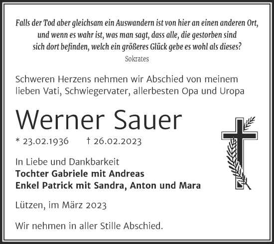 Traueranzeige von Werner Sauer von Trauerkombi Weißenfels