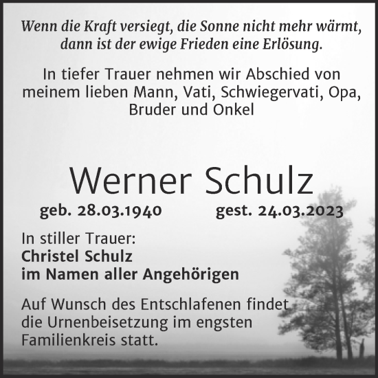 Traueranzeige von Werner Schulz von Trauerkombi Aschersleben