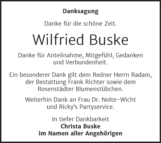 Traueranzeige von Wilfried Buske von Trauerkombi Sangerhausen